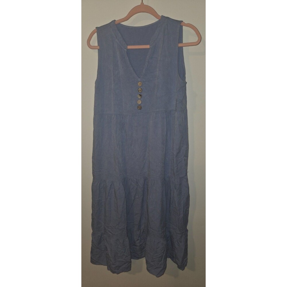 Womens Sz L Tiered Boho Maxi Dress Cottagecore Lightweight Blue Casual Summer